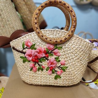 Túi cói túi lục bình thêu hoa đào