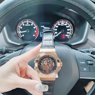 ĐỒNG HỒ NAM CƠ SIÊU CẤP MASERATY DÂY DA ĐEN NIỀNG THÉP FULLBOX