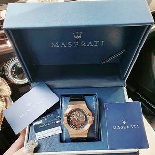 ĐỒNG HỒ NAM CƠ SIÊU CẤP MASERATY DÂY DA ĐEN NIỀNG THÉP FULLBOX