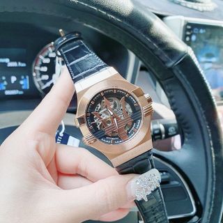ĐỒNG HỒ NAM CƠ SIÊU CẤP MASERATY DÂY DA ĐEN NIỀNG THÉP FULLBOX