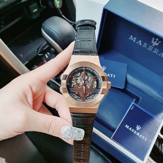 ĐỒNG HỒ NAM CƠ SIÊU CẤP MASERATY DÂY DA ĐEN NIỀNG THÉP FULLBOX