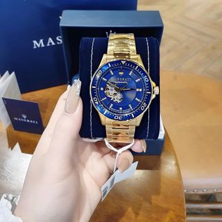 SET ĐỒNG HỒ NAM CƠ CAO CẤP MASERATY  DÂY THÉP VÀNG MẶT XANH FULLBOX KÈM DÂY DA