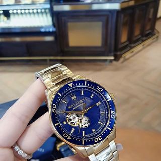 SET ĐỒNG HỒ NAM CƠ CAO CẤP MASERATY DÂY THÉP VÀNG MẶT XANH FULLBOX KÈM DÂY DA