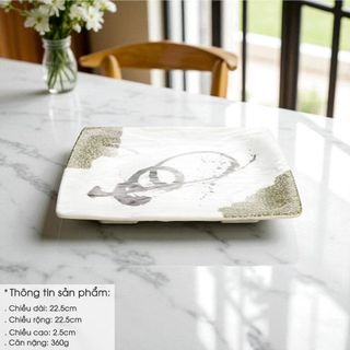 Đĩa Chữ Nhật vân đá xanh Nine Plus - Melamine A5 Khó Vỡ, dùng đựng Sushi, cá hấp