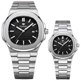 QUÀ VALENTINE ĐỒNG HỒ CHÍNH HÃNG FUNMEI COUPLE F8020 DÂY THÉP BẠC MAT VUÔNG FULLBOX TEM