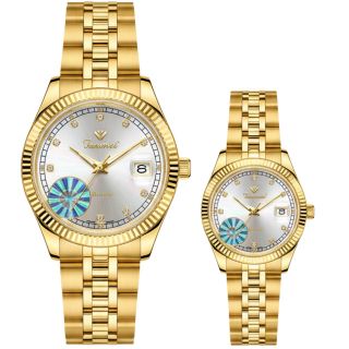 QUÀ VALENTINE ĐỒNG HỒ NAM NỮ CHÍNH HÃNG FUNMEI F2036 DÂY THÉP VÀNG MẶT TRÒN SAPHIRE FULLBOX TEM