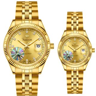 QUÀ VALENTINE ĐỒNG HỒ NAM NỮ CHÍNH HÃNG FUNMEI F2036 DÂY THÉP VÀNG MẶT TRÒN SAPHIRE FULLBOX TEM