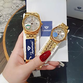 QUÀ VALENTINE ĐỒNG HỒ NAM NỮ CHÍNH HÃNG FUNMEI F2036 DÂY THÉP VÀNG MẶT TRÒN SAPHIRE FULLBOX TEM