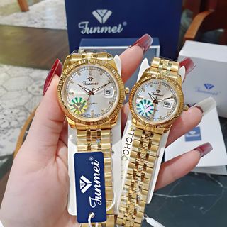 QUÀ VALENTINE ĐỒNG HỒ NAM NỮ CHÍNH HÃNG FUNMEI F2036 DÂY THÉP VÀNG MẶT TRÒN SAPHIRE FULLBOX TEM