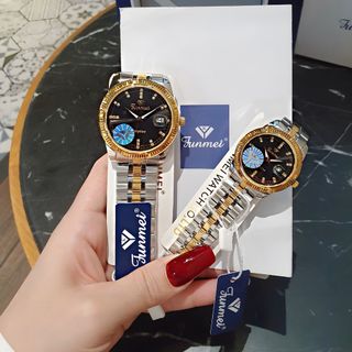 QUÀ VALENTINE ĐỒNG HỒ NAM NỮ CHÍNH HÃNG FUNMEI F2036 DÂY THÉP BẠC DEMI MẶT TRÒN SAPHIRE FULLBOX TEM