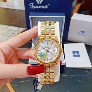 QUÀ VALENTINE ĐỒNG HỒ NAM NỮ CHÍNH HÃNG FUNMEI F2036 DÂY THÉP VÀNG MẶT TRÒN SAPHIRE FULLBOX TEM