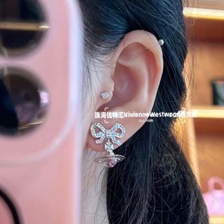 QUÀ VALENTINE HOA TAI VÀ DÂY CHUYỀN SIÊU CẤP VIVIENNE MẶT NƠ ĐÁ FULLBOX