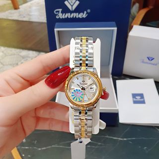 QUÀ VALENTINE ĐỒNG HỒ NAM NỮ CHÍNH HÃNG FUNMEI F2036 DÂY THÉP BẠC DEMI MẶT TRÒN SAPHIRE FULLBOX TEM