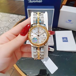 QUÀ VALENTINE ĐỒNG HỒ NAM NỮ CHÍNH HÃNG FUNMEI F2036 DÂY THÉP BẠC DEMI MẶT TRÒN SAPHIRE FULLBOX TEM