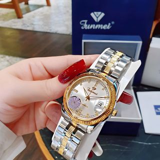 QUÀ VALENTINE ĐỒNG HỒ NAM NỮ CHÍNH HÃNG FUNMEI F2036 DÂY THÉP BẠC DEMI MẶT TRÒN SAPHIRE FULLBOX TEM