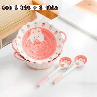 BÁT SỨ 2 QUAI HỌA TIẾT KÈM MUỖNG CUTE