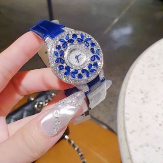 ĐỒNG HỒ NỮ SIÊU CẤP GRAF MẶT FULL PHA LÊ BƯỚM NHÂN TẠO  DÂY DA XANH ĐẬM