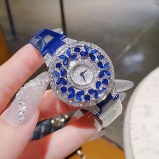 ĐỒNG HỒ NỮ SIÊU CẤP GRAF MẶT FULL PHA LÊ BƯỚM NHÂN TẠO  DÂY DA XANH ĐẬM