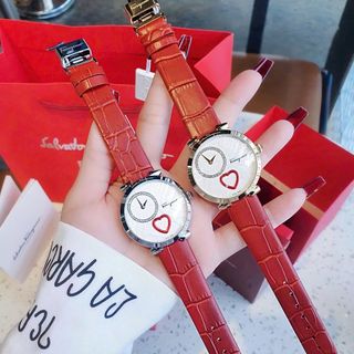 QUÀ VALENTINE ĐỒNG HỒ NỮ CAO CẤP SALVATHORE COURE DÂY DA MẶT TRÁI TIM NIỀNG THÉP