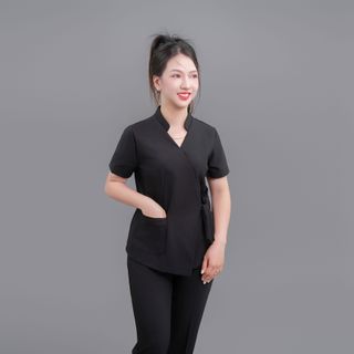 Đồng phục y tế Bách Thảo - Bộ Scrubs Cho Nữ Cổ Tàu Thắt Nơ Chất Cotton Hàn Thoáng Khí [THÊU TÊN THEO YÊU CẦU]