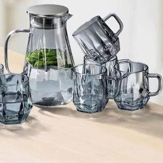 Bộ Bình 6 Cốc Thủy Tinh Xám Góc Cạnh (THÙNG 12B )