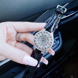 ĐỒNG HỒ NỮ SIÊU CẤP GRAF MẶT FULL PHA LÊ BƯỚM NHÂN TẠO  DÂY DA ĐEN CÁ SẤU