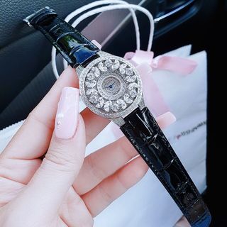 ĐỒNG HỒ NỮ SIÊU CẤP GRAF MẶT FULL PHA LÊ BƯỚM NHÂN TẠO DÂY DA ĐEN CÁ SẤU