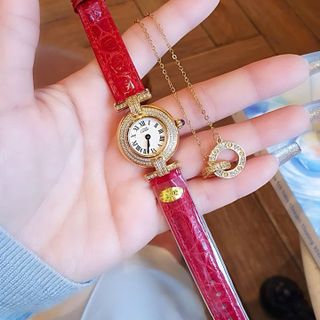 SET VALENTINE ĐỒNG HỒ NỮ SIÊU CẤP CATIOR DÂY DA MẶT MINI VIỀN ĐÁ VÀNG TẶNG KÈM DÂY CHUYỀN