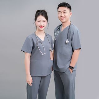 Đồng phục y tế - Bộ Scrubs Nam - Nữ Spa Cổ Tim Cotton lạnh Hàn, mềm nhẹ, không nhăn, thấm hút tốt [THÊU THEO YÊU CẦU]