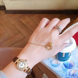 SET VALENTINE ĐỒNG HỒ NỮ SIÊU CẤP CATIOR DÂY DA MẶT MINI VIỀN ĐÁ VÀNG TẶNG KÈM DÂY CHUYỀN