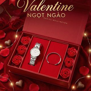 SET VALENTINE DANIEL W CAO CẤP HỘP ĐỎ HOA HỒNG THÉP ICONIC VÀ CUFF