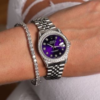 ĐỒNG HỒ NỮ CAO CẤP ROLET DATE JUST AUTOMATIC BẠC MẶT TÍM VIỀN ĐÁ