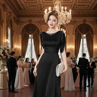 Đầm dạ hội lụa tô châu dính đã cổ đá tay sang trọng hàng thiết kế chuẩn cao cấp