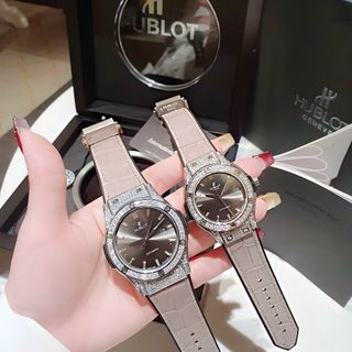 ĐỒNG HỒ CẶP ĐÔI CAO CẤP HULOT HAI  VIỀN HỘT DÂY DA XANH VÀ XÁM MÁY CƠ