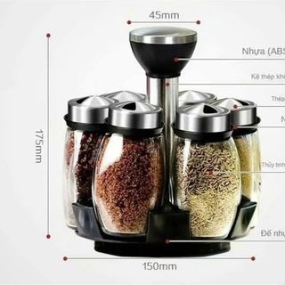 Bộ gia vị 5 hũ thủy tinh, giá nhựa inox xoay (THÙNG 24B)