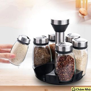 Bộ gia vị 5 hũ thủy tinh, giá nhựa inox xoay (THÙNG 24B)