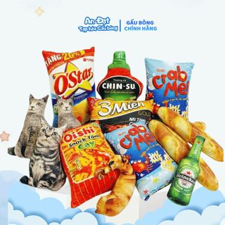 Gối in 3D ngộ nghĩnh cho bé, gấu bông bim bim, snack, mì gói, gấu bông 3D độc lạ làm quà tặng