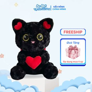 Gấu Bông Mèo Đen Ôm Tim Dễ Thương-  Nhung Mềm Mịn, Quà Tặng Cao Cấp