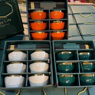 BỘ 6 BÁT SỨ VIỀN MẠ VÀNG CAO CẤP HAPPY LIFE TẶNG KÈM ĐŨA (T20) (SÉT)