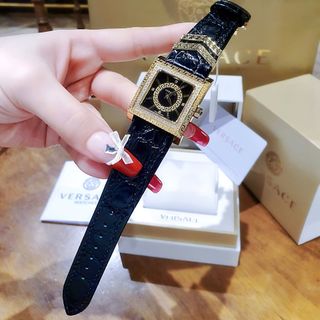ĐỒNG HỒ NỮ CAO CẤP VERSEC DÂY DA ĐEN MẶT VUÔNG HOA VĂN ĐÍNH HỘT