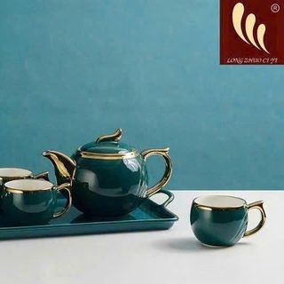 Bộ Ấm Chén Sứ Xanh Viền Vàng 8-8 (2) (THÙNG 12B)