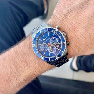 ĐỒNG HỒ NAM CAO CẤP MICHAEL BAYVILLE CHONOGRAP DÂY THÉP ĐEN MẶT XANH FULLBOX