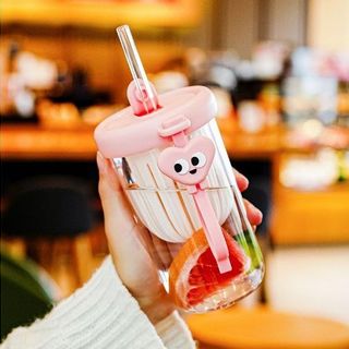 LY THUỶ TINH DETOX CÓ LỌC TRÀ VÀ ỐNG HÚT 450ML (T68)