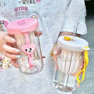 LY THUỶ TINH DETOX CÓ LỌC TRÀ VÀ ỐNG HÚT 450ML (T68)