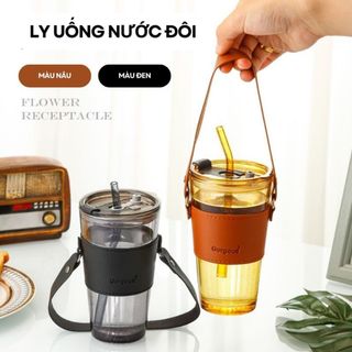 LY THỦY TINH BỌC DA 450ML KÈM ỐNG HÚT CÓ QUAI XÁCH (T58)