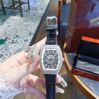 ĐỒNG HỒ NỮ CAO CẤP PRANCK V32 MẶT FULL DIAMOND DÂY DA ĐEN