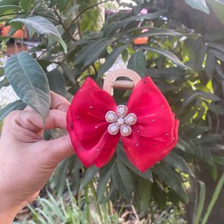 Kẹp càng cua nơ có đính hình bông hoa sáng lấp lánh,sườn kẹp dài 8cm có 3 màu :đỏ,đen và trắng trắng.