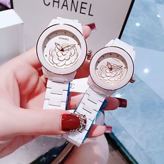 ĐỒNG HỒ NỮ CAO CẤP CHANEU CERAMIC TRẮNG MẶT HOA VIỀN HỒNG VÀ VIỀN BẠC