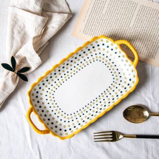 Đĩa Sứ Xoài 12 Chữ Nhật, 2 Tai, Thổ Cẩm, Vàng (THÙNG 64C)