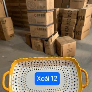 Đĩa Sứ Xoài 12 Chữ Nhật, 2 Tai, Thổ Cẩm, Vàng (THÙNG 64C)